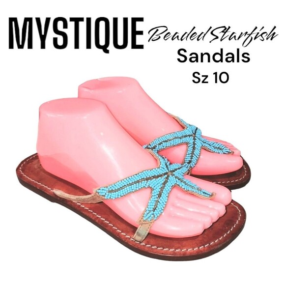 MYSTIQUE Sz 9 Teal Beaded Starfish Beach Resort Kuwai Leather Handmade Sandals - Picture 1 of 14